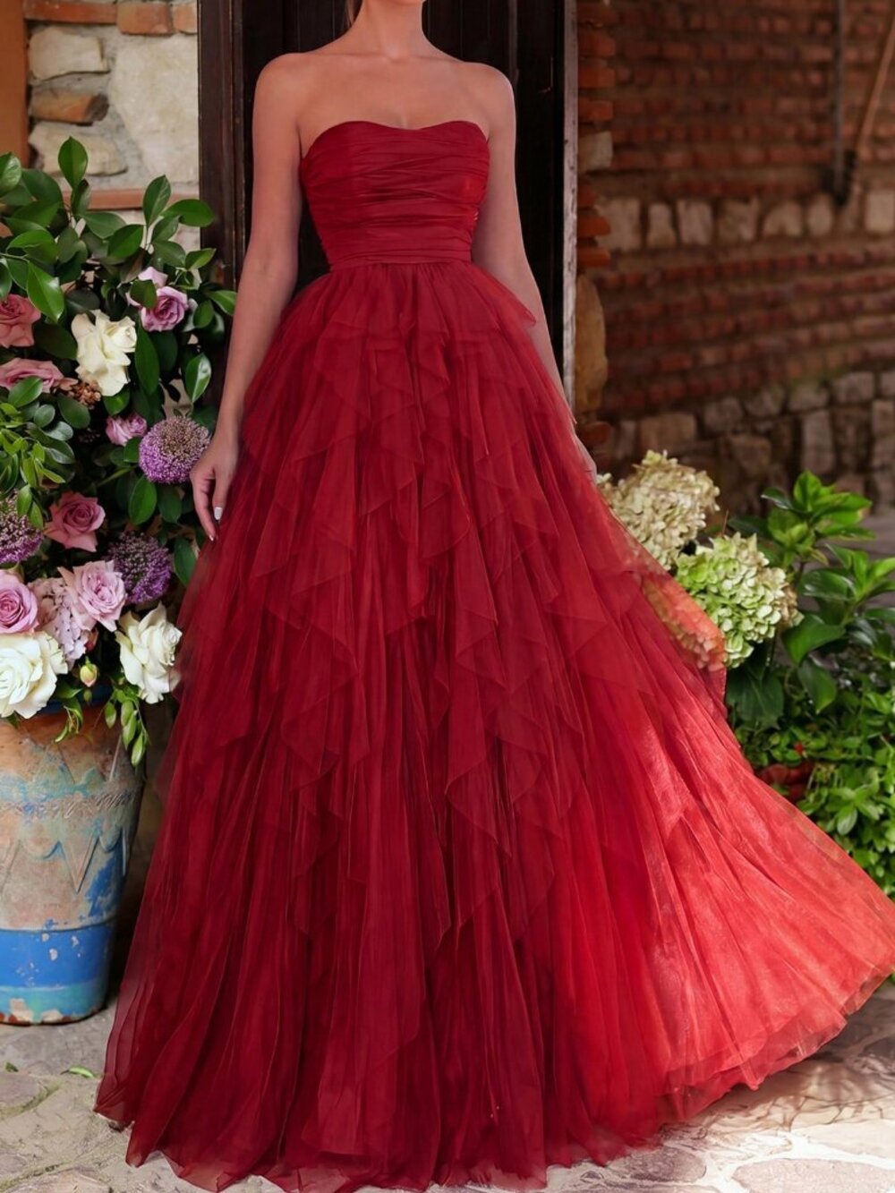 Red Elegant Women's Strapless Bridal Ruffle Tulle A-Line Dress